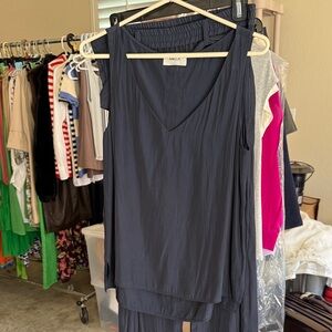 Navy Sleeveless V-Neck Top and Pants Set